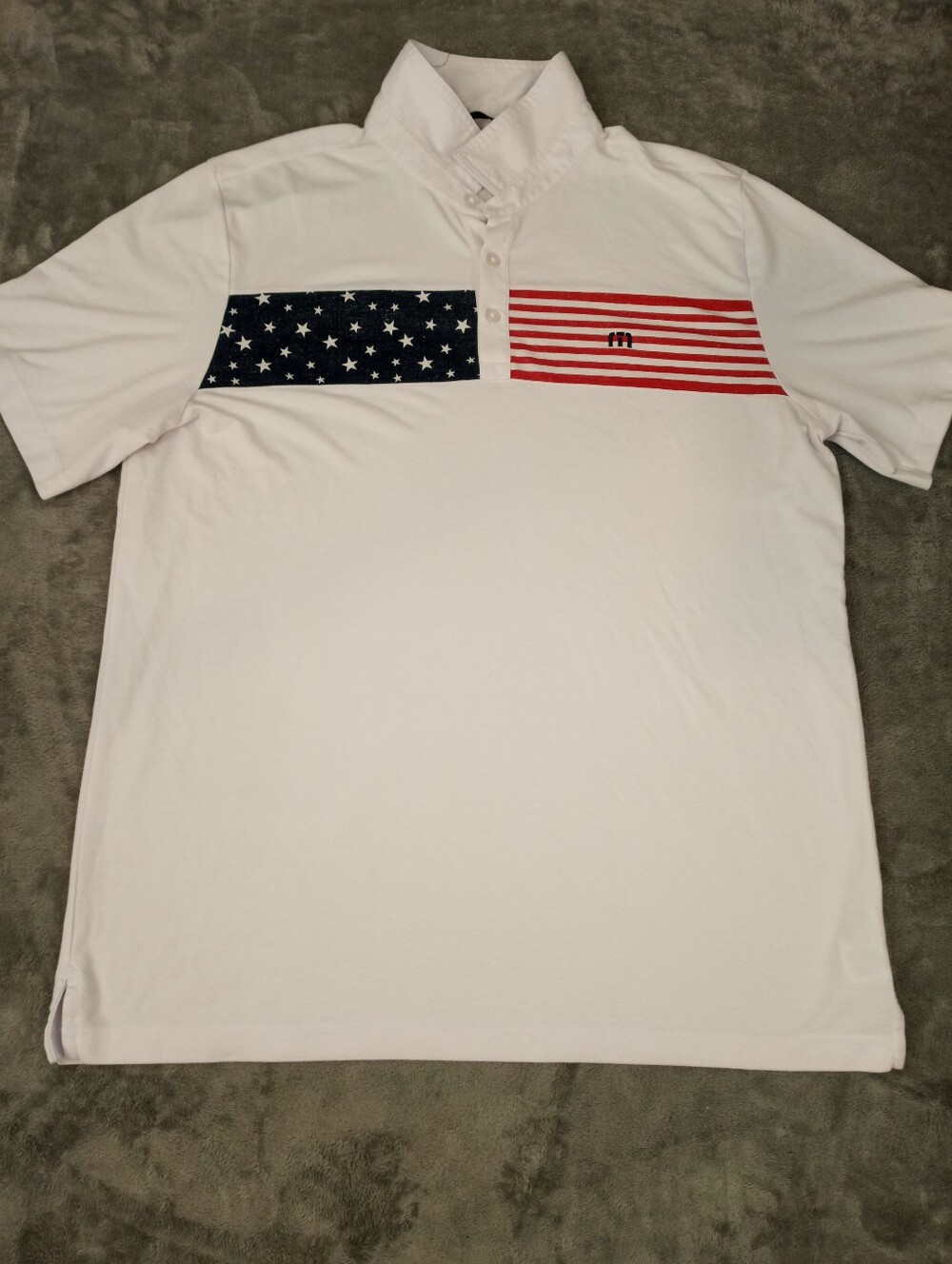 Travis Mathew White Men's Polo Shirt with American Flag Chest Panel Size XL